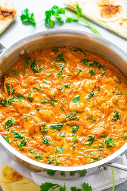 Thai Chicken Coconut Curry – An EASY one-skillet curry that’s ready in 20 minutes and is layered with so many fabulous flavors!! Low-cal, low-carb, and HEALTHY but tastes like comfort food!!