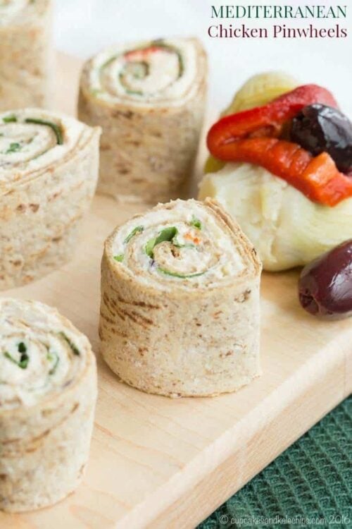Mediterranean Chicken Pinwheels - all you need is a few ingredients including leftover rotisserie chicken to make this easy lunch or appetizer recipe. For a gluten free and low carb option, it makes tasty lettuce wraps! | cupcakesandkalechips.com
