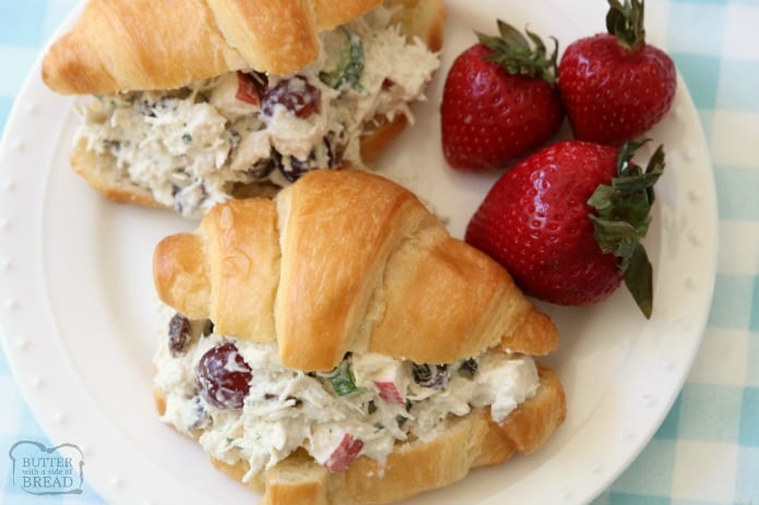 Easy 5-Minute Chicken Salad recipe that's the BEST I've ever tasted! The simple dressing really makes it perfect. Chicken Salad recipe made with diced chicken, plain yogurt, apples, grapes, celery, cucumber, raisins and more! Great as chicken salad sandwiches or in lettuce as a wrap or on crackers.