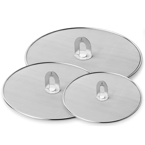 Homestia Splatter Screen for Cooking - Stainless Steel Grease Splatter Guard for Frying Pan, No Cooking Oil Mess No burns, Ultra Fine Mesh Lids Set of 3 (10'', 11.5'' 13'')
