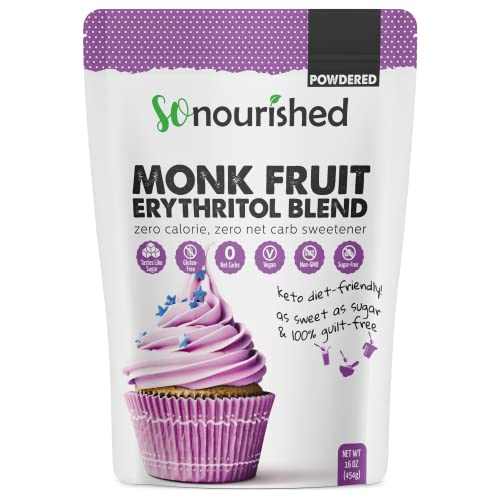 So Nourished Powdered Monk Fruit Sweetener with Erythritol, 1:1 Sugar Substitute, Keto, 0 Calorie, 0 Net Carb, Non-GMO (1 Pound)