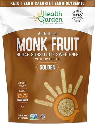 HEALTH GARDEN Monk Fruit Sweetener, Golden- Non GMO - Gluten Free - Sugar Substitute - Kosher - Keto Friendly (3 lbs) (9505)